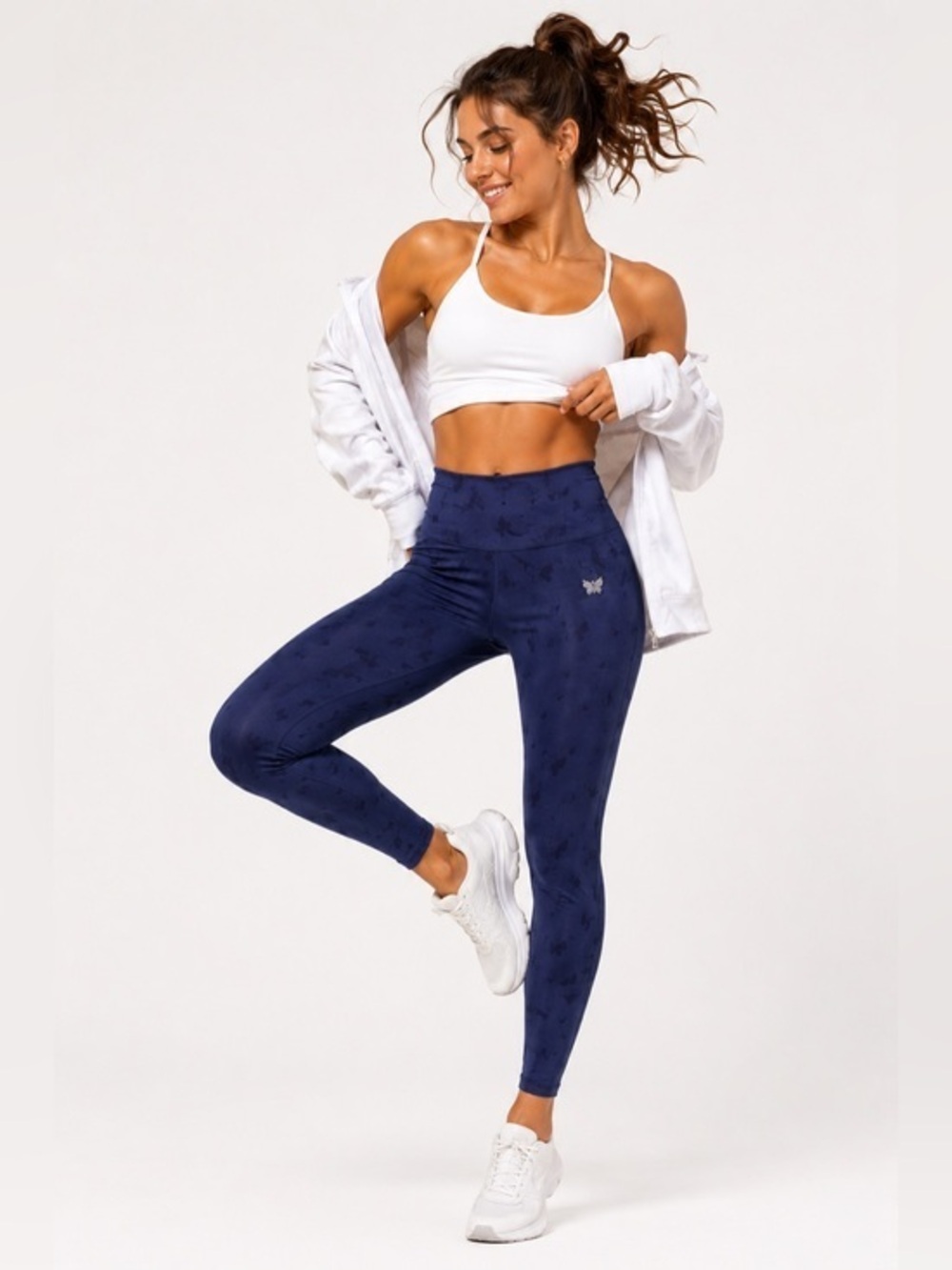 I.L.M.B. Navy Blue Butterfly Print Leggings Large High Waist Yoga Workout